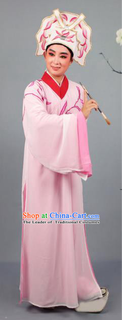 China Beijing Opera Niche Costume Gifted Scholar Embroidered Pink Robe and Headwear, Traditional Ancient Chinese Peking Opera Embroidery Clothing