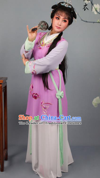 Top Grade Professional Beijing Opera Young Lady Costume Purple Hua Tan Embroidered Dress, Traditional Ancient Chinese Peking Opera Maidservants Embroidery Clothing