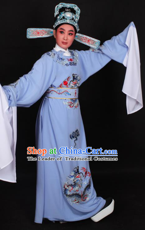 Top Grade Professional Beijing Opera Niche Costume Lang Scholar Blue Embroidered Robe and Hat, Traditional Ancient Chinese Peking Opera Young Men Embroidery Dragons Clothing