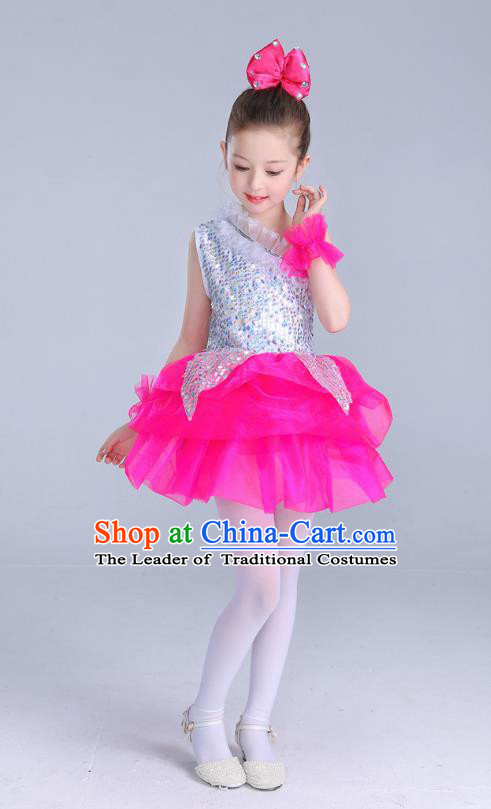 Top Grade Chinese Professional Performance Catwalks Costume, Children Princess Bubble Rosy Full Dress Modern Dance Paillette Dress for Girls Kids