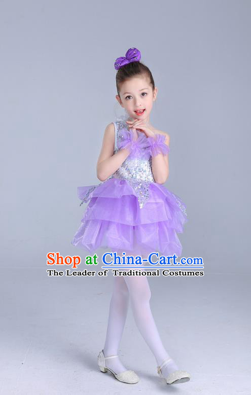 Top Grade Chinese Professional Performance Catwalks Costume, Children Princess Bubble Lilac Full Dress Modern Dance Paillette Dress for Girls Kids