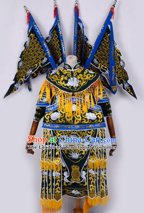 Traditional China Beijing Opera Female General Costume and Headwear Complete Set, Ancient Chinese Peking Opera Swordplay Military Officer Embroidery Blue Clothing