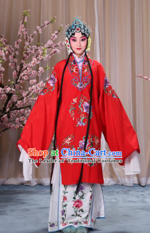 Top Grade Professional Beijing Opera Palace Lady Costume Hua Tan Red Embroidered Cape, Traditional Ancient Chinese Peking Opera Diva Embroidery Clothing