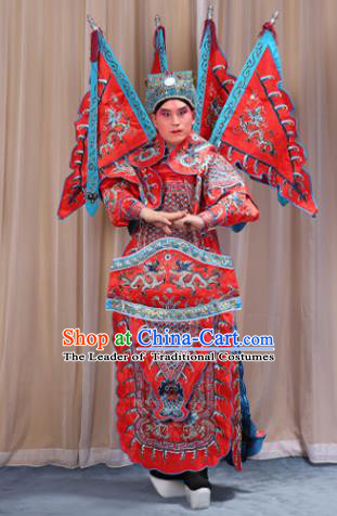 Traditional China Beijing Opera Takefu General Red Costume and Headwear Complete Set, Ancient Chinese Peking Opera Wu-Sheng Military Officer Clothing