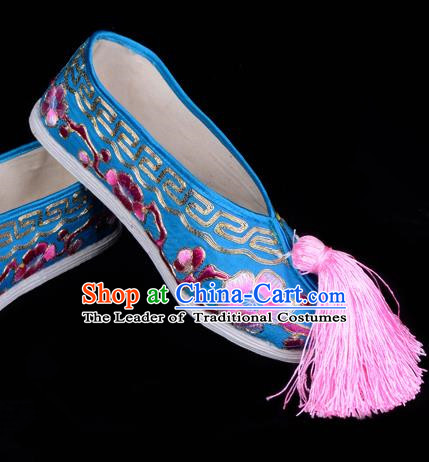 Top Grade Professional Beijing Opera Hua Tan Embroidered Plum Blossom Blue Cloth Shoes, Traditional Ancient Chinese Peking Opera Diva Princess Blood Stained Shoes