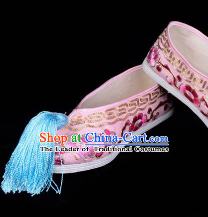 Top Grade Professional Beijing Opera Hua Tan Embroidered Plum Blossom Pink Cloth Shoes, Traditional Ancient Chinese Peking Opera Diva Princess Blood Stained Shoes