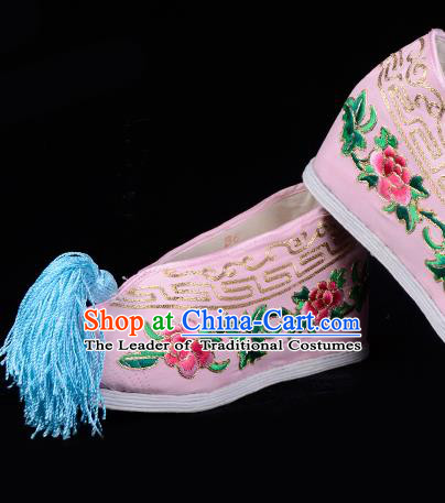 Top Grade Professional Beijing Opera Hua Tan Embroidered Peony Hidden Elevator Pink Satin Shoes, Traditional Ancient Chinese Peking Opera Diva Princess Blood Stained Shoes