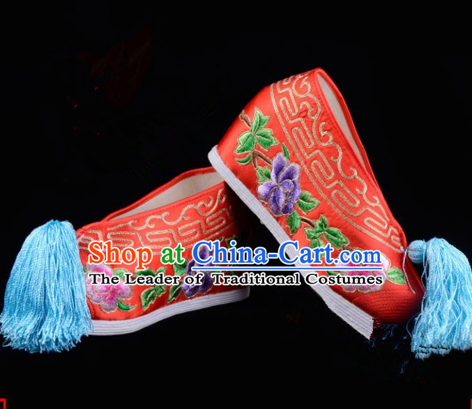 Top Grade Professional Beijing Opera Hua Tan Embroidered Peony Hidden Elevator Red Satin Shoes, Traditional Ancient Chinese Peking Opera Diva Princess Blood Stained Shoes