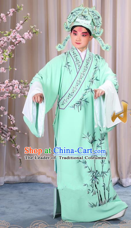 China Beijing Opera Niche Costume Gifted Scholar Embroidered Bamboo Green Robe and Headwear, Traditional Ancient Chinese Peking Opera Embroidery Clothing