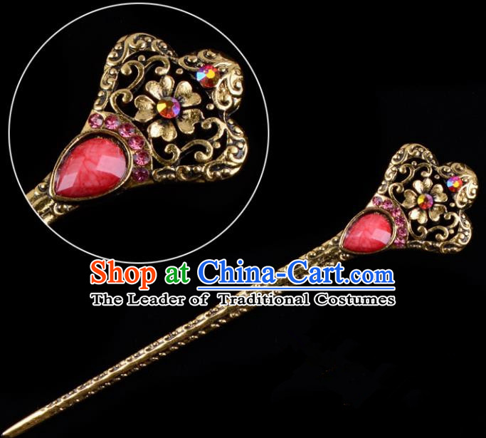 Traditional China Beijing Opera Hua Tan Pantaloon Hair Accessories Red Hairpin, Ancient Chinese Peking Opera Women Hairpins Diva Kanzashi Headwear