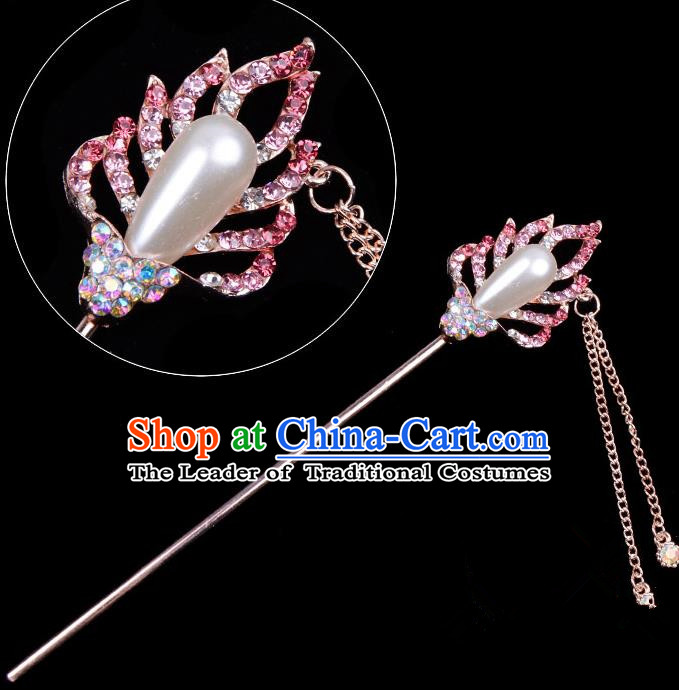 Traditional China Beijing Opera Hua Tan Hair Accessories Pink Crystal Pearls Hairpin, Ancient Chinese Peking Opera Tassel Step Shake Women Hairpins Diva Temple Kanzashi Headwear