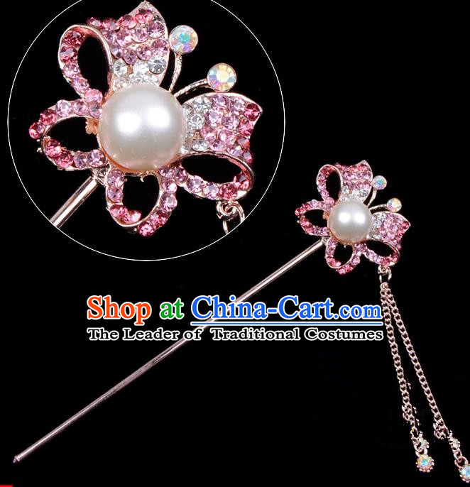 Traditional China Beijing Opera Hua Tan Hair Accessories Pink Crystal Butterfly Hairpin, Ancient Chinese Peking Opera Tassel Step Shake Women Hairpins Diva Temple Kanzashi Headwear