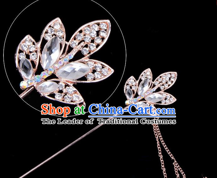 Traditional China Beijing Opera Hua Tan Hair Accessories Crystal Leaf Hairpin, Ancient Chinese Peking Opera Tassel Step Shake Women Hairpins Diva Temple Kanzashi Headwear