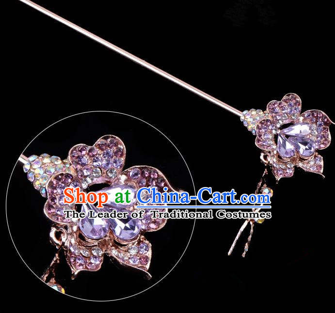 Traditional China Beijing Opera Palace Lady Hair Accessories Purple Crystal Flower Hairpin, Ancient Chinese Peking Opera Tassel Step Shake Women Hairpins Diva Kanzashi Headwear