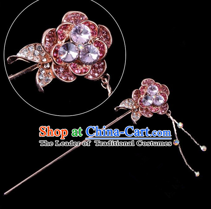 Traditional China Beijing Opera Palace Princess Hair Accessories Purple Crystal Flower Hairpin, Ancient Chinese Peking Opera Tassel Step Shake Women Hairpins Diva Kanzashi Headwear