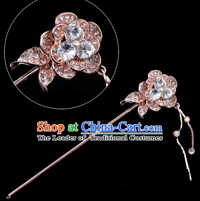 Traditional China Beijing Opera Palace Princess Hair Accessories Crystal Flower Hairpin, Ancient Chinese Peking Opera Tassel Step Shake Women Hairpins Diva Kanzashi Headwear