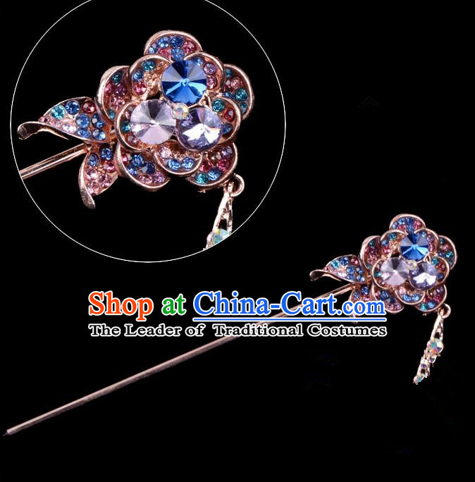 Traditional China Beijing Opera Palace Princess Hair Accessories Colorful Crystal Flower Hairpin, Ancient Chinese Peking Opera Tassel Step Shake Women Hairpins Diva Kanzashi Headwear