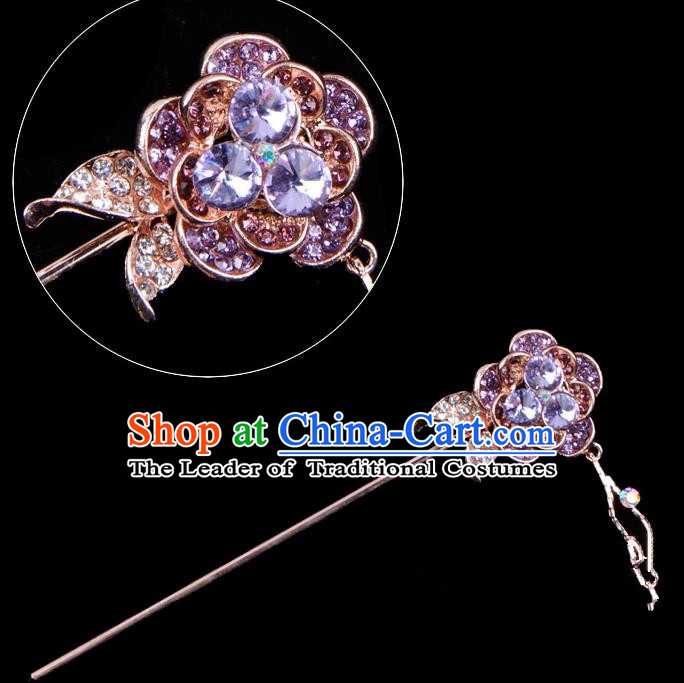 Traditional China Beijing Opera Palace Princess Hair Accessories Crystal Purple Flower Hairpin, Ancient Chinese Peking Opera Tassel Step Shake Women Hairpins Diva Kanzashi Headwear