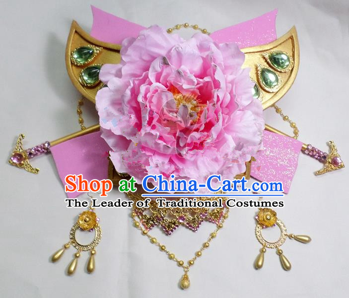 Traditional Handmade Chinese Ancient Classical Hair Accessories, Pink Flowers Step Shake Hair Sticks Hair Jewellery, Hair Fascinators Hairpins for Women