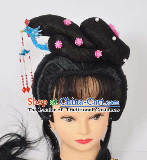 Traditional Handmade Chinese Classical Peking Opera Young Lady Wigs and Blue Phoenix Tassel Hairpin Hair Accessories, China Beijing Opera Princess Hairpieces Headgear