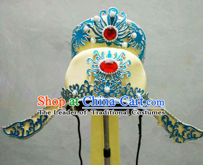 Traditional Handmade Chinese Classical Peking Opera Young Men Hat Yellow Tuinga, China Beijing Opera Prince Lang Scholar Headpiece Headwear