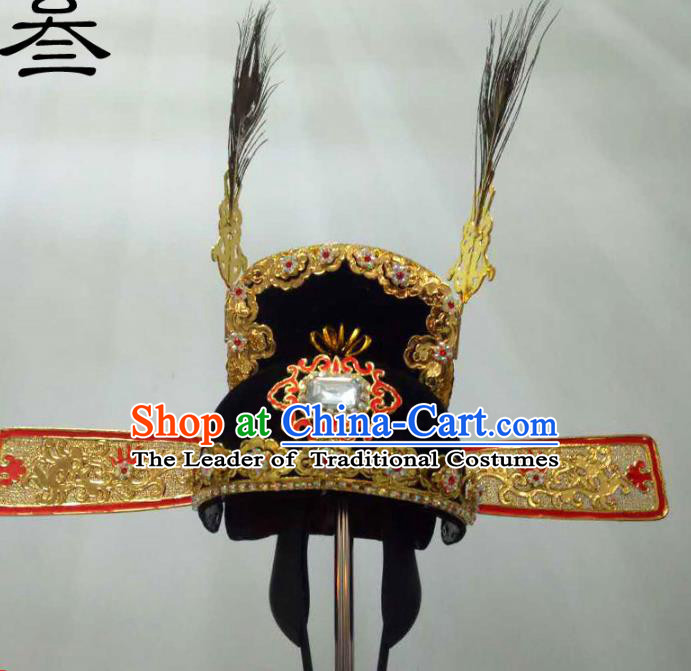 Traditional Handmade Chinese Classical Peking Opera Young Men Hat Golden Tuinga, China Beijing Opera Prince Lang Scholar Headpiece Headwear