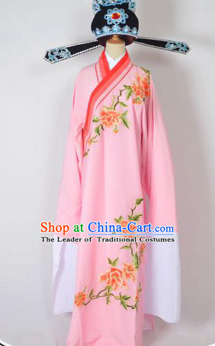 Traditional Chinese Professional Peking Opera Young Men Costume and Hat Complete Set, China Beijing Opera Shaoxing Opera Niche Lang Scholar Embroidery Peony Pink Long Robe Clothing