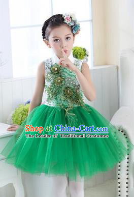 Top Grade Chinese Compere Professional Performance Catwalks Costume, Children Modern Dance Green Veil Bubble Dress for Girls Kids