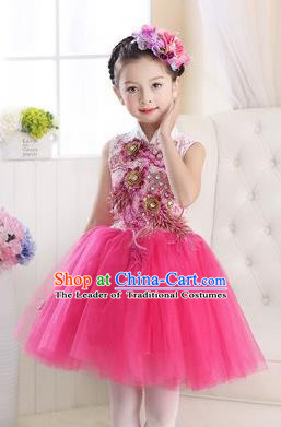 Top Grade Chinese Compere Professional Performance Catwalks Costume, Children Modern Dance Rosy Veil Bubble Dress for Girls Kids