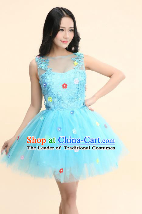 Top Grade Chinese Professional Performance Catwalks Costume, Modern Dance Blue Veil Bubble Princess Dress for Women