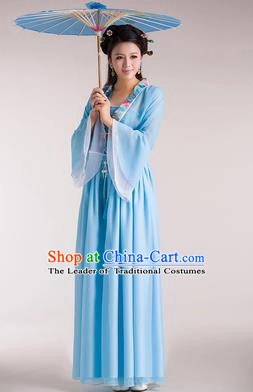 Traditional Chinese Classical Ancient Fairy Costume, China Tang Dynasty Princess Hanfu Blue Dress for Women