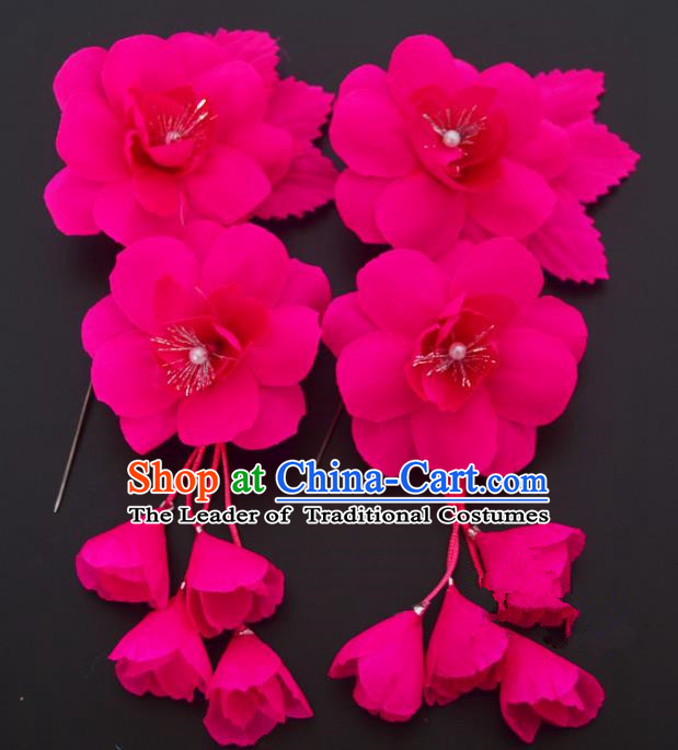 Traditional Handmade Chinese Classical Peking Opera Rosy Silk Flowers Hair Stick Hair Accessories, China Beijing Opera Diva Step Shake Tassel Hairpins