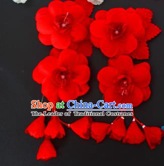 Traditional Handmade Chinese Classical Peking Opera Red Silk Flowers Hair Stick Hair Accessories, China Beijing Opera Diva Step Shake Tassel Hairpins