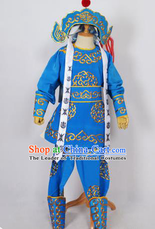 Traditional Chinese Professional Peking Opera Takefu Costume and Headwear, China Beijing Opera Shaoxing Opera Children Niche Warrior Blue Clothing