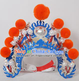 Traditional Handmade Chinese Classical Peking Opera Blues Accessories Orange Venonat Hat, China Beijing Opera Swordplay Warriors Blue Headwear