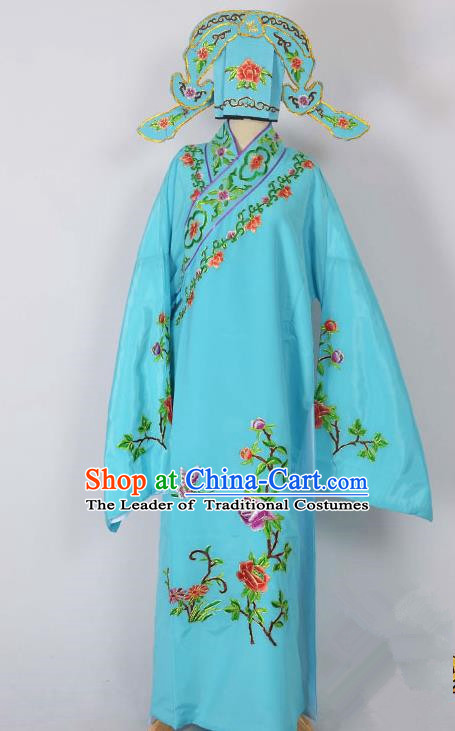 Traditional Chinese Professional Peking Opera Young Men Costume, China Beijing Opera Niche Gifted Scholar Embroidery Blue Robe Clothing