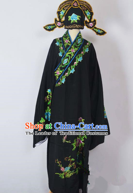 Traditional Chinese Professional Peking Opera Young Men Costume, China Beijing Opera Niche Gifted Scholar Embroidery Black Robe Clothing