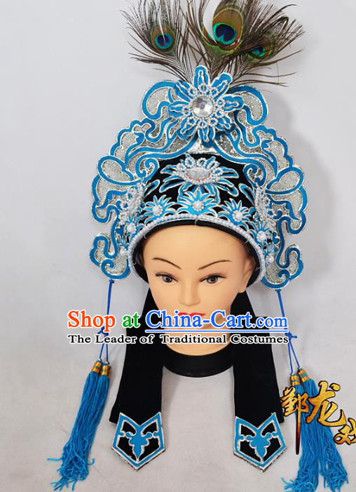 Traditional Handmade Chinese Classical Peking Opera Blues Accessories Hat, China Beijing Opera Swordplay Warriors Headwear
