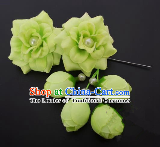 Traditional Handmade Chinese Classical Peking Opera Young Lady Hua Tan Hair Accessories Green Temples Flowers, China Beijing Opera Diva Princess Headwear Tassel Hairpins