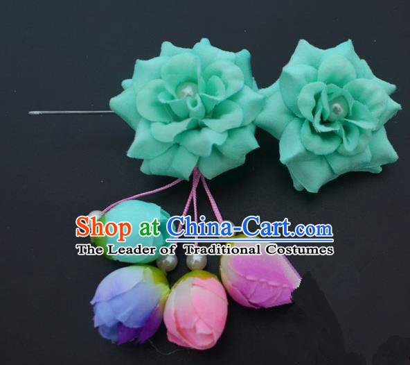 Traditional Handmade Chinese Classical Peking Opera Young Lady Hua Tan Hair Accessories Green Temples Flowers, China Beijing Opera Diva Princess Headwear Tassel Hairpins