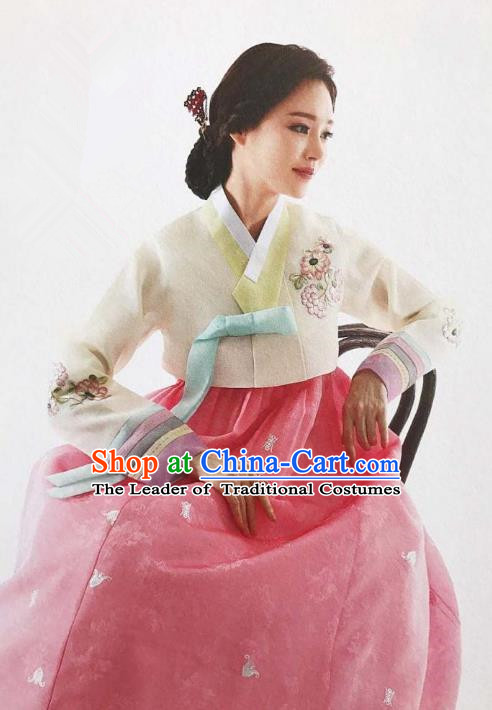 Traditional Korean Handmade Embroidery Bride Hanbok Pink Full Dress, Top Grade Korea Hanbok Wedding Costume Complete Set for Women