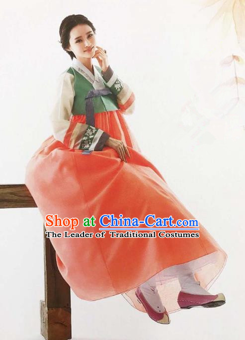 Traditional Korean Handmade Embroidery Bride Hanbok Watermelon Red Full Dress, Top Grade Korea Hanbok Wedding Costume Complete Set for Women