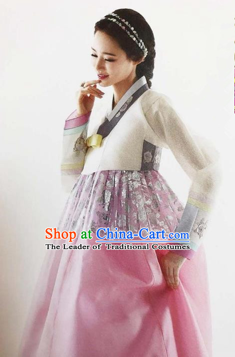 Traditional South Korean Handmade Embroidery Bride Hanbok White Blouse Full Dress, Top Grade Korea Hanbok Wedding Costume Complete Set for Women