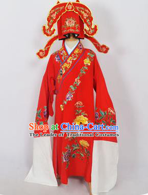 Traditional Chinese Professional Peking Opera Young Men Niche Costume Red Embroidery Robe and Hat, China Beijing Opera Nobility Childe Scholar Embroidered Clothing