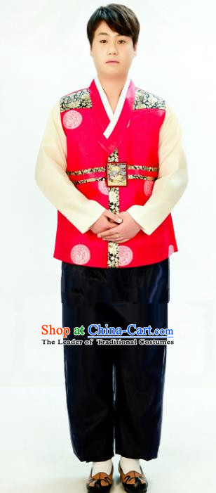 Traditional South Korean Handmade Hanbok Embroidery Bridegroom Wedding Red Clothing, Top Grade Korea Hanbok Costume Complete Set for Men