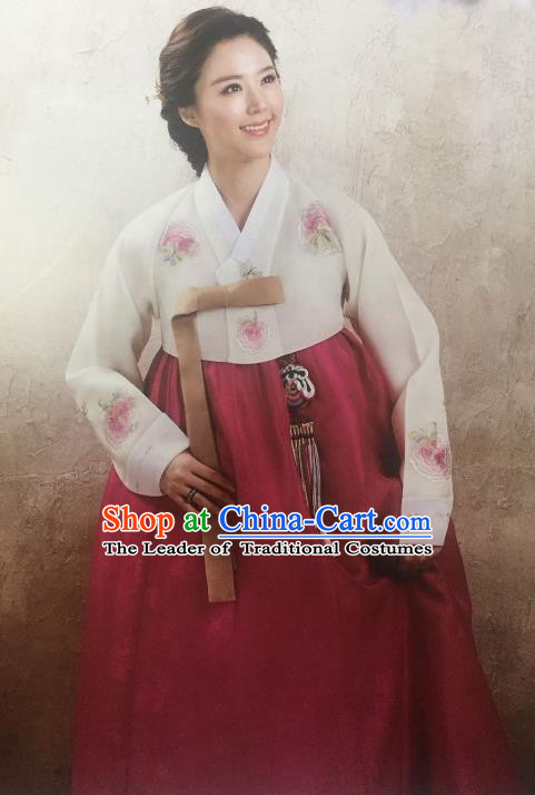 Traditional South Korean Handmade Hanbok Customization Mother Clothing Embroidery Blouse Red Dress, Top Grade Korea Wedding Royal Hanbok Costume for Women