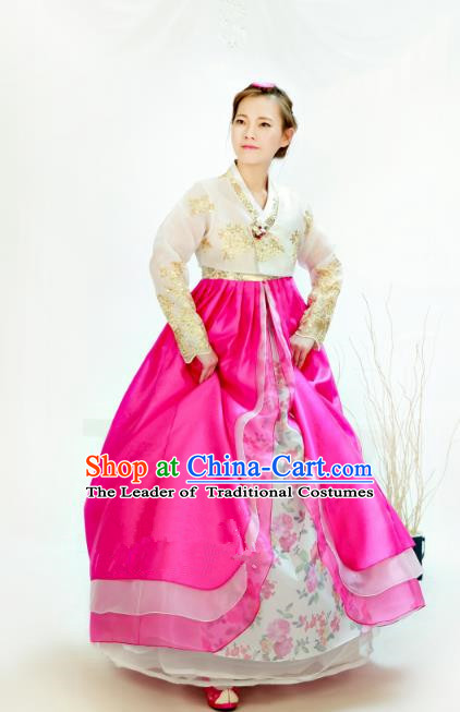 Traditional South Korean Handmade Hanbok Customization Bride Clothing Embroidery Blouse Rosy Dress, Top Grade Korea Wedding Royal Hanbok Costume for Women