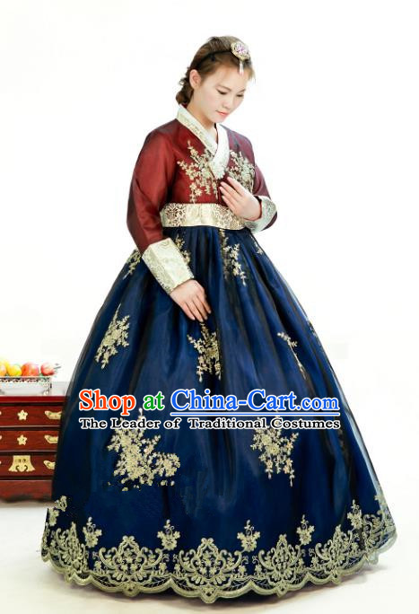 Traditional South Korean Handmade Hanbok Customization Mother Clothing Embroidery Blouse Peacock Blue Dress, Top Grade Korea Wedding Royal Hanbok Costume for Women