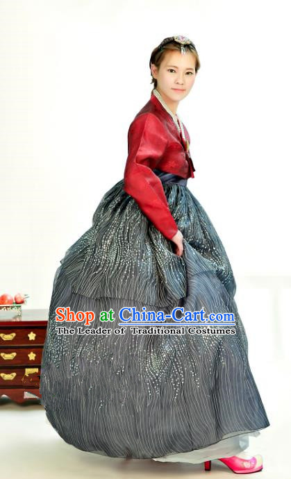 Traditional South Korean Handmade Hanbok Customization Mother Clothing Embroidery Blouse Grey Dress, Top Grade Korea Wedding Royal Hanbok Costume for Women