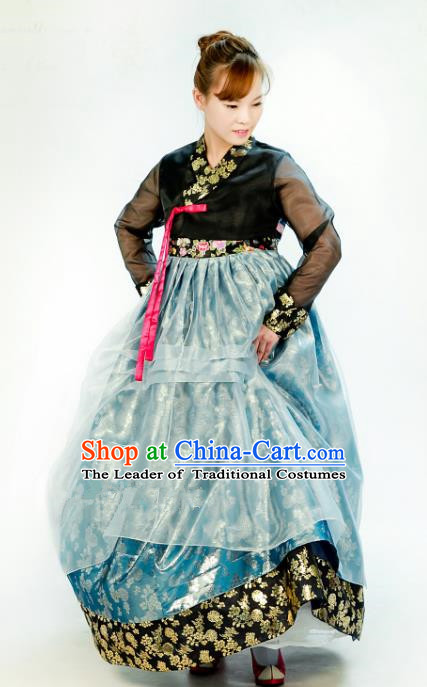 Traditional South Korean Handmade Mother Hanbok Customization Embroidery Clothing Blue Dress, Top Grade Korea Royal Hanbok Costume for Women